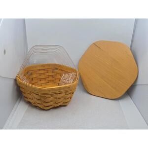 Vintage 2002 Longaberger Hexagon Basket w/Lid & Plastic Protector 8"×7.5"×3.75"